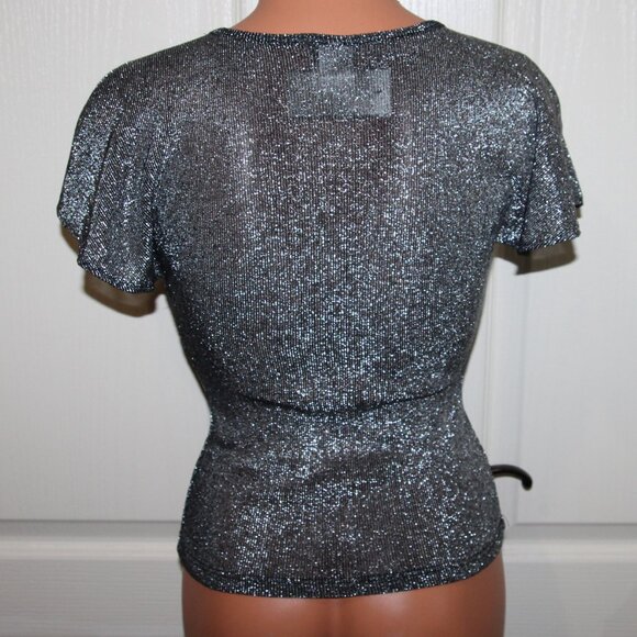 NWT! Size SMALL Black & Silver Metallic Low Cut Split Sleeve Cleavage Top - Picture 6 of 7